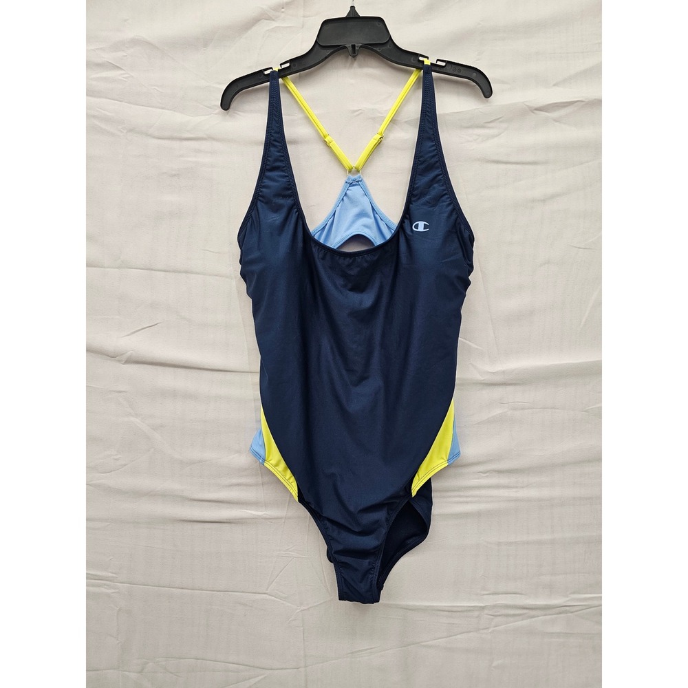 Champion‎ Womens Navy Colorblock One Piece Swimsuit UPF 50 Keyhole Back XL NEW